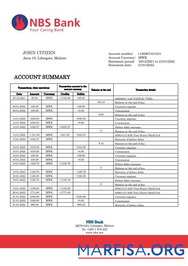Realistic Malawi NBS bank statement word download for verification